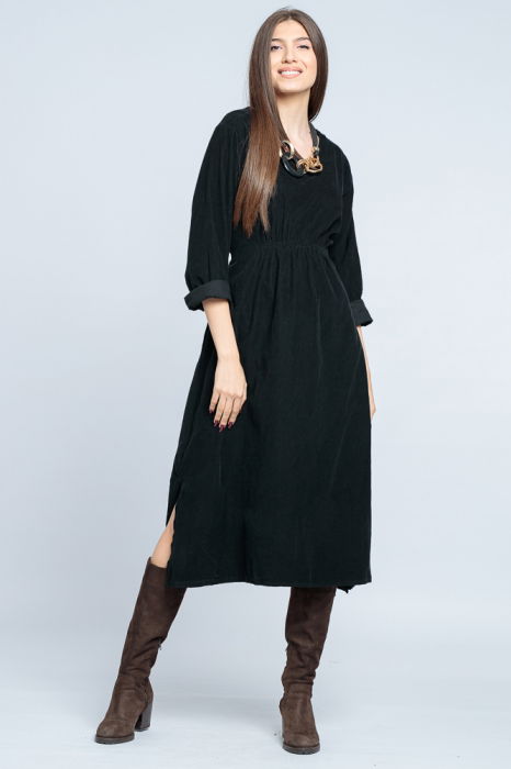 Rochie din catifea reiata neagra, cu elastic sub bust [7]