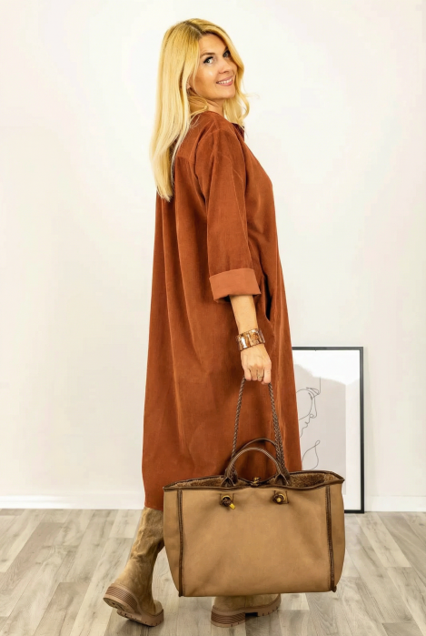 Rochie din catifea reiata, cu nasturi mari de lemn pe piept, caramizie [2]