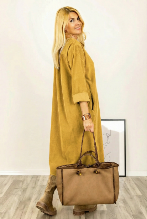 Rochie din catifea reiata, cu nasturi mari de lemn pe piept, galben mustar [2]