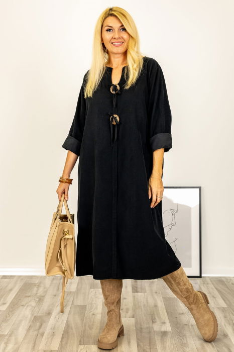 Rochie din catifea reiata, cu nasturi mari de lemn pe piept, neagra [10]