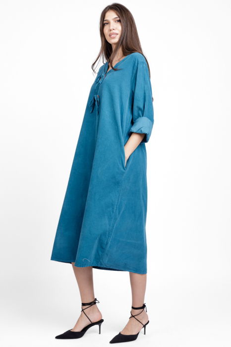 Rochie din catifea reiata, cu nasturi mari de lemn pe piept, turcoaz [2]