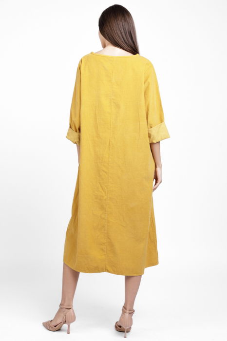 Rochie din catifea reiata, cu nasturi mari de lemn pe piept, galben mustar [4]