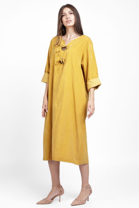 Rochie din catifea reiata, cu nasturi mari de lemn pe piept, galben mustar [3]