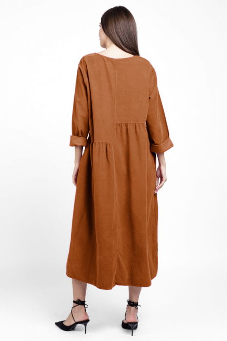 Rochie din catifea reiata, cu taieturi asimetrice si floare aplicata, caramizie [3]