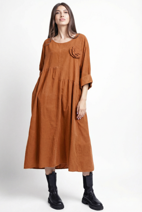 Rochie din catifea reiata, cu taieturi asimetrice si floare aplicata, caramizie [1]