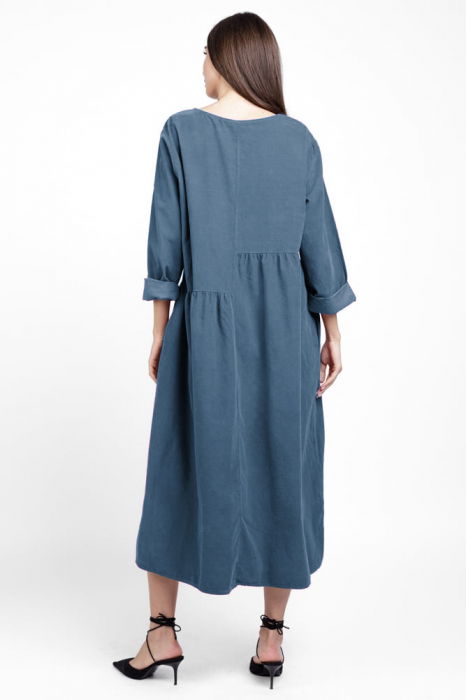 Rochie din catifea reiata, cu taieturi asimetrice si floare aplicata, albastru jeans [3]