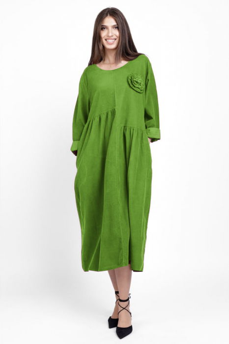 Rochie din catifea reiata, cu taieturi asimetrice si floare aplicata, verde oliv [2]
