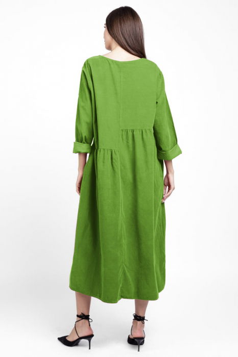 Rochie din catifea reiata, cu taieturi asimetrice si floare aplicata, verde oliv [3]