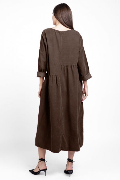 Rochie din catifea reiata, cu taieturi asimetrice si floare aplicata, maro [3]