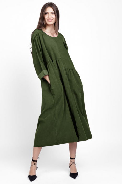 Rochie din catifea reiata, cu taieturi asimetrice si floare aplicata, kaki