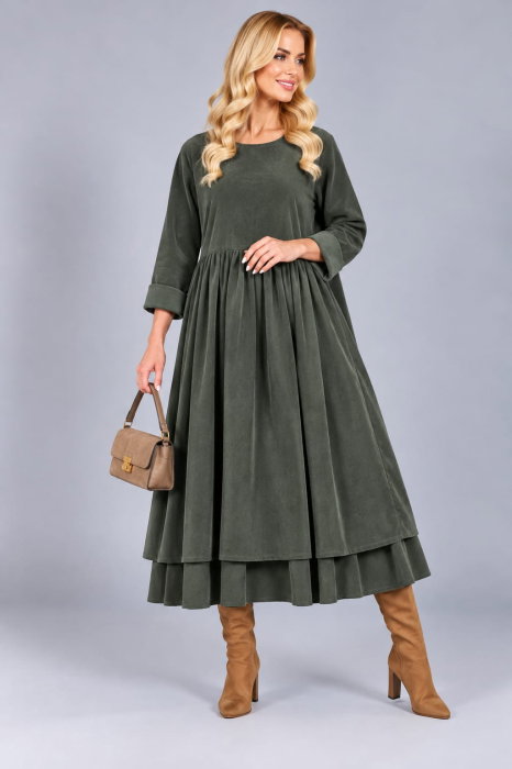 Rochie din catifea reiata de bumbac, cu fusta ampla si volan dublu din batist, kaki