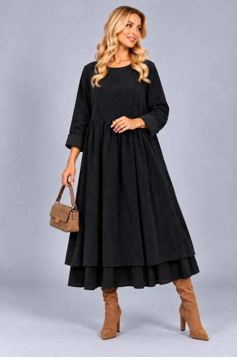 Rochie din catifea reiata de bumbac, cu fusta ampla si volan dublu din batist, neagra — Stella Milani, Rochii