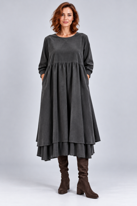 Rochie din catifea reiata de bumbac, cu fusta ampla si volan dublu din batist, gri