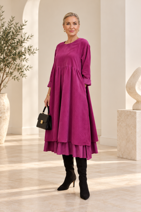 Rochie din catifea reiata de bumbac, cu fusta ampla si volan dublu din batist, magenta