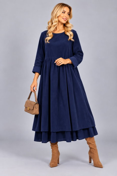 Rochie din catifea reiata de bumbac, cu fusta ampla si volan dublu din batist, bleumarin — Stella Milani, Rochii