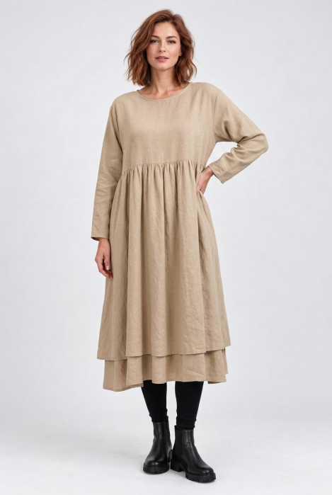 Rochie din catifea reiata de bumbac, cu fusta ampla si volan dublu din batist, bej
