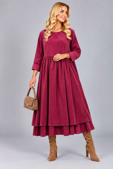 Rochie din catifea reiata de bumbac, cu fusta ampla si volan dublu din batist, magenta — Stella Milani, Rochii