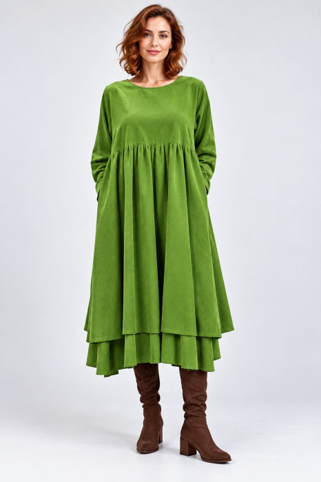 Rochie din catifea reiata de bumbac, cu fusta ampla si volan dublu din batist, verde crud