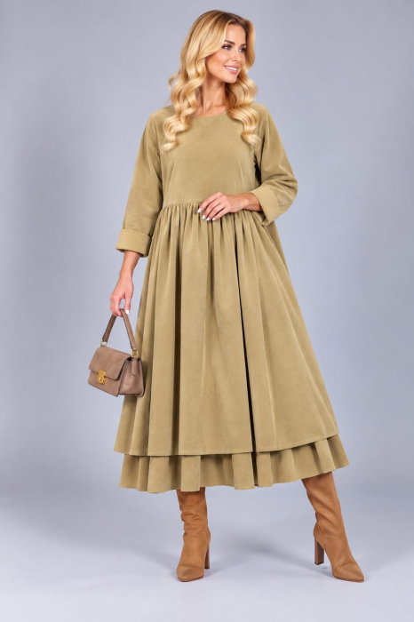 Rochie din catifea reiata de bumbac, cu fusta ampla si volan dublu din batist, camel