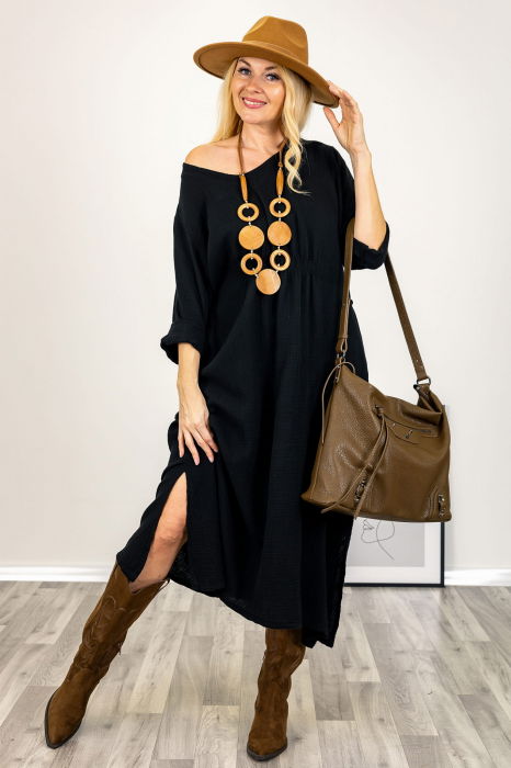 Rochie din catifea reiata neagra, cu elastic sub bust [2]