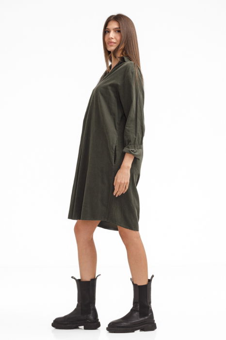 Rochie scurta tip camasa din catifea reiata verde, kaki [3]