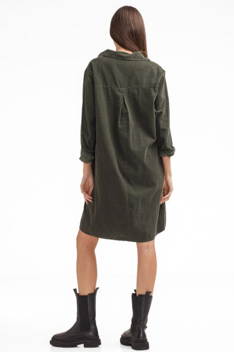 Rochie scurta tip camasa din catifea reiata verde, kaki [4]