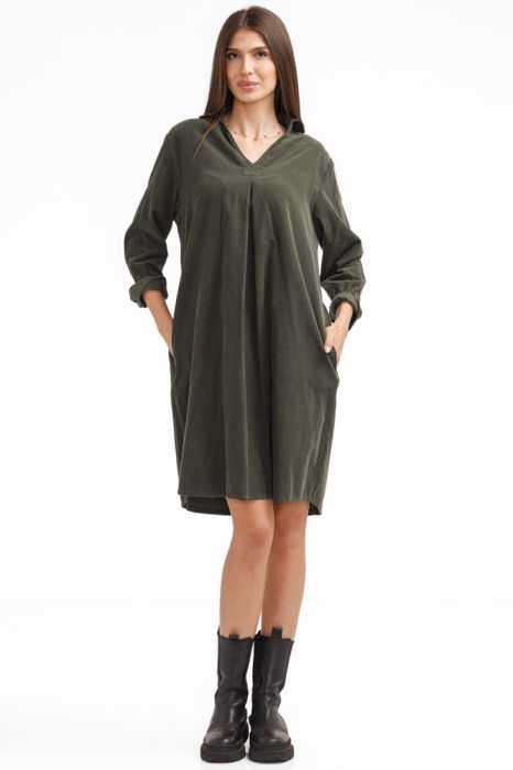 Rochie scurta tip camasa din catifea reiata verde, kaki