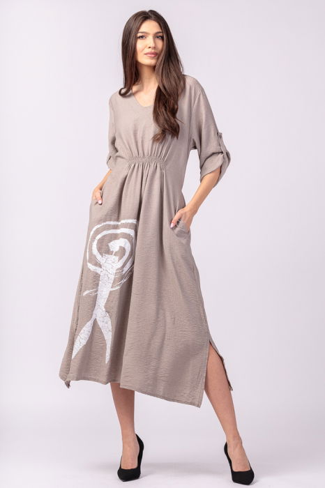 Rochie din vascoza bej, cu elastic sub bust si imprimeu [2]