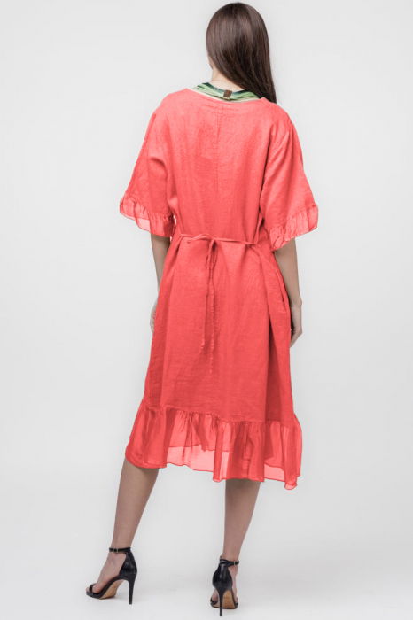 Rochie din in corai, cu volane din matase si snur in talie [3]