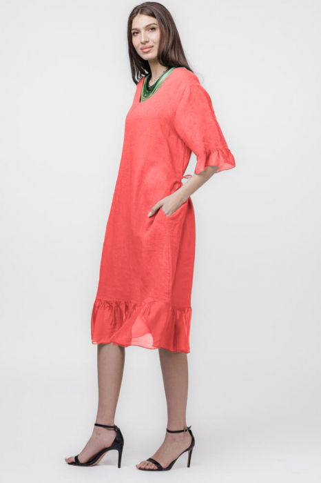 Rochie din in corai, cu volane din matase si snur in talie [2]