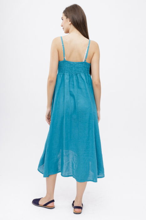 Rochie din in, cu bretele reglabile si elastic la spate, turcoaz [3]