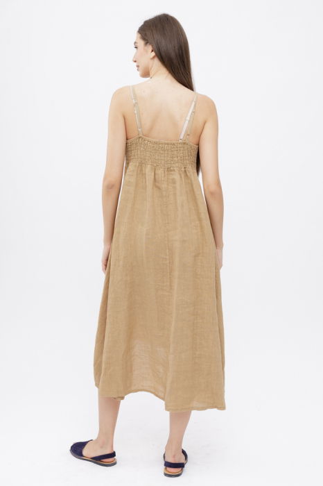 Rochie din in, cu bretele reglabile si elastic la spate, camel [3]