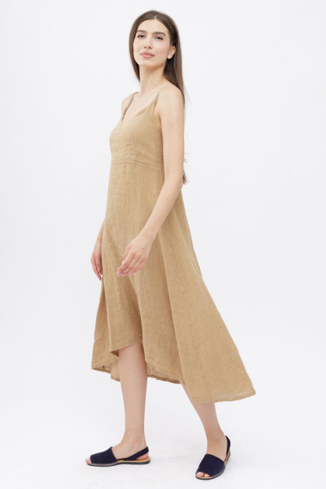 Rochie din in, cu bretele reglabile si elastic la spate, camel [2]