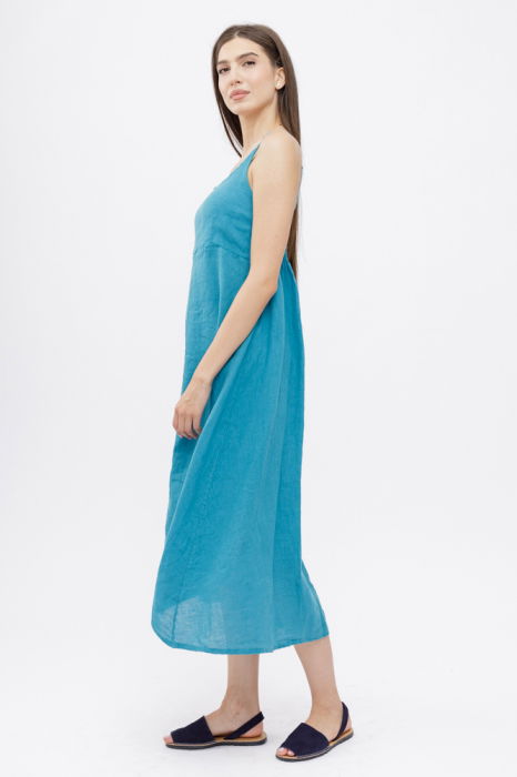 Rochie din in, cu bretele reglabile si elastic la spate, turcoaz [2]