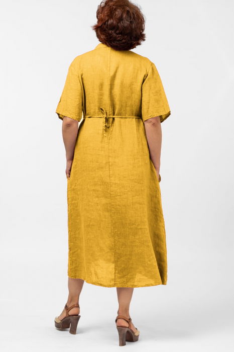 Rochie din in, cu decolteu in V si siret sub bust, mustar [3]