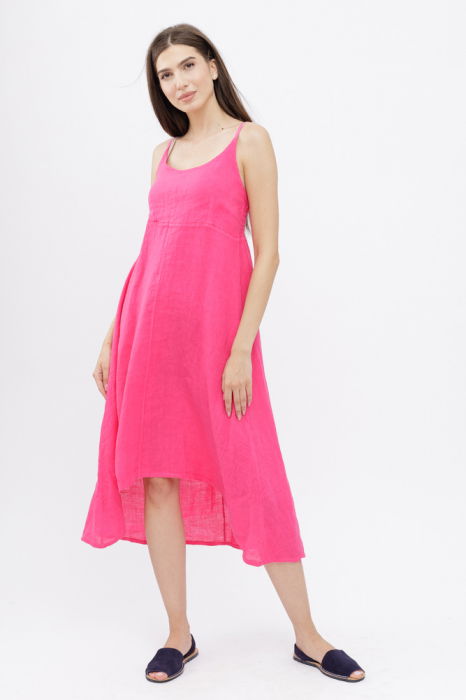 Rochie din in, cu bretele reglabile si elastic la spate, fucsia [2]