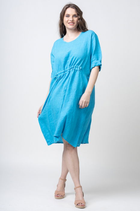 Rochie din in cu snur in talie, albastru azzuro [2]