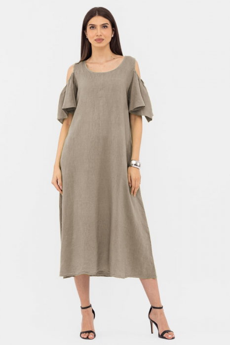 Rochie din in cu umerii goi, lunga,  A-line, bej inchis