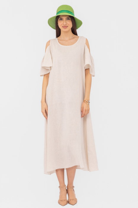 Rochie din in cu umerii goi, lunga,  A-line, bej