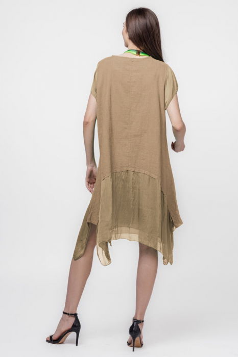 Rochie din in cu volan din matase naturala si colturi, camel [3]