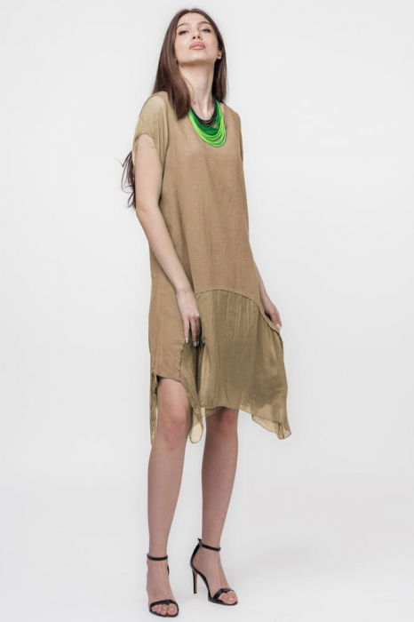 Rochie din in cu volan din matase naturala si colturi, camel [2]