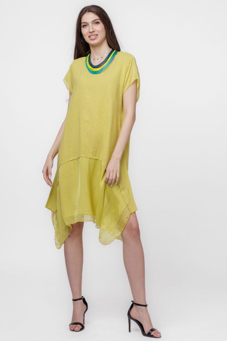 Rochie din in cu volan din matase naturala si colturi, galbena [2]