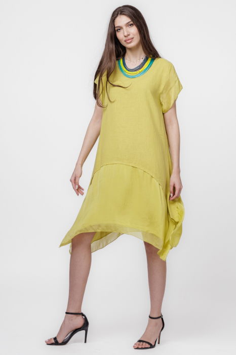 Rochie din in cu volan din matase naturala si colturi, galbena [5]