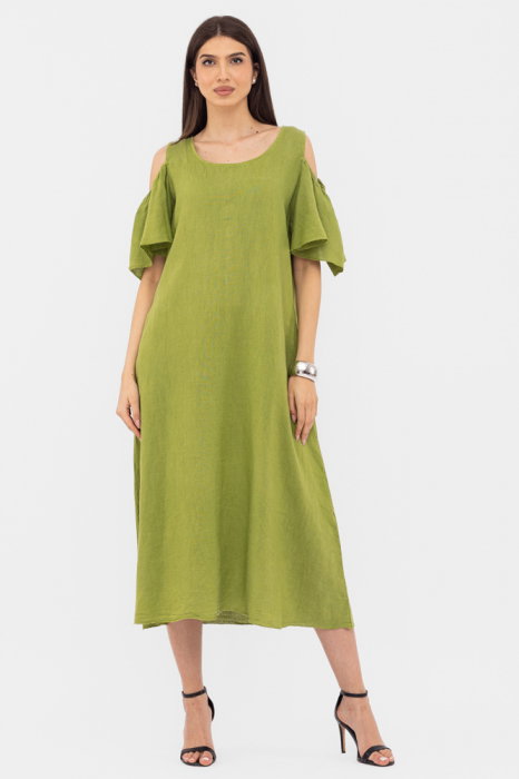 Rochie din in cu umerii goi, lunga,  A-line, verde deschis