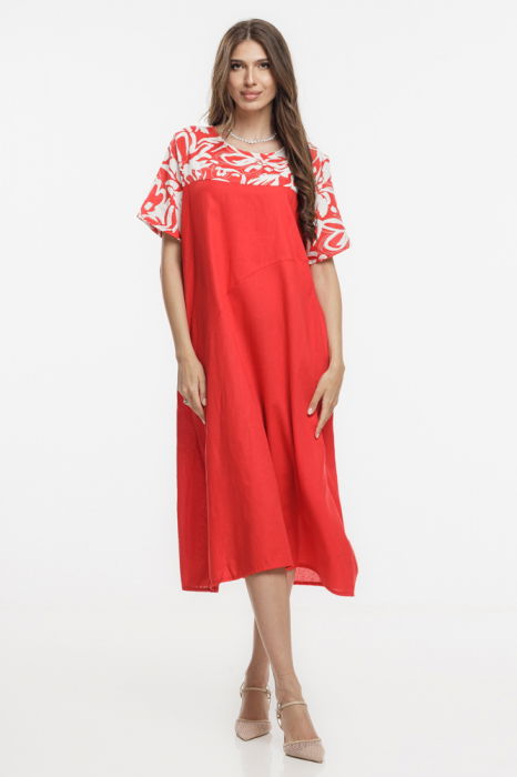 Rochie din in mercerizat, cu croi lejer si design minimalist rosie cu platca mica imprimata [2]