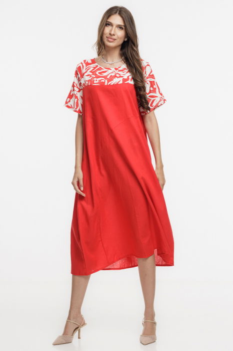 Rochie din in mercerizat, cu croi lejer si design minimalist rosie cu platca mica imprimata [3]