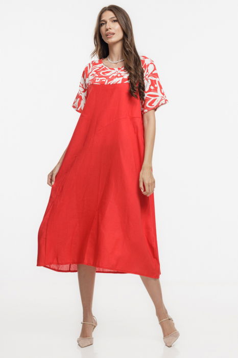 Rochie din in mercerizat, cu croi lejer si design minimalist rosie cu platca mica imprimata [1]