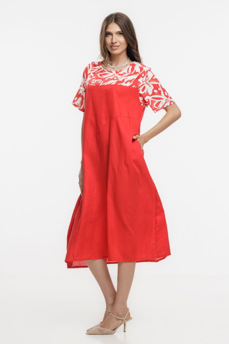 Rochie din in mercerizat, cu croi lejer si design minimalist rosie cu platca mica imprimata [4]