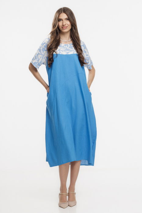 Rochie din in mercerizat, cu croi lejer si design minimalist albastra cu platca mica imprimata [2]