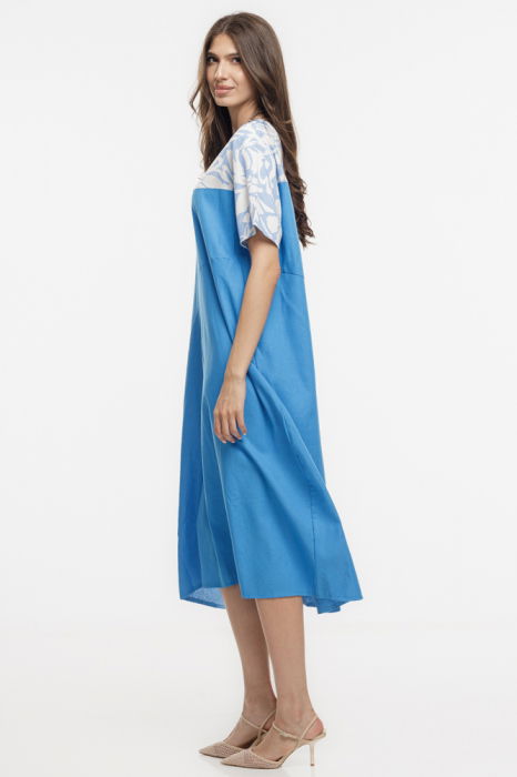 Rochie din in mercerizat, cu croi lejer si design minimalist albastra cu platca mica imprimata [3]